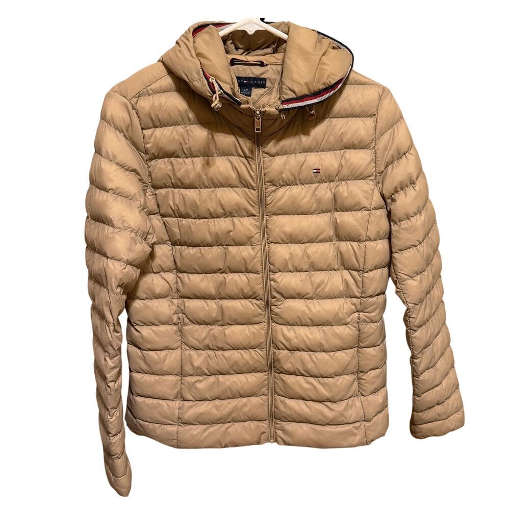 Tommy Hilfiger Lightweight Hooded Puffer Jacket Beige Tan Hood Striped Trim S - Picture 2 of 14